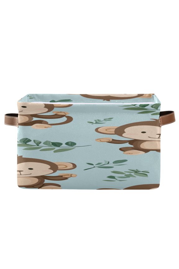 Cute Monkeys Cartoon Leaves Square Storage Bins with Handles Collapsible Containing Box 1 Pack
