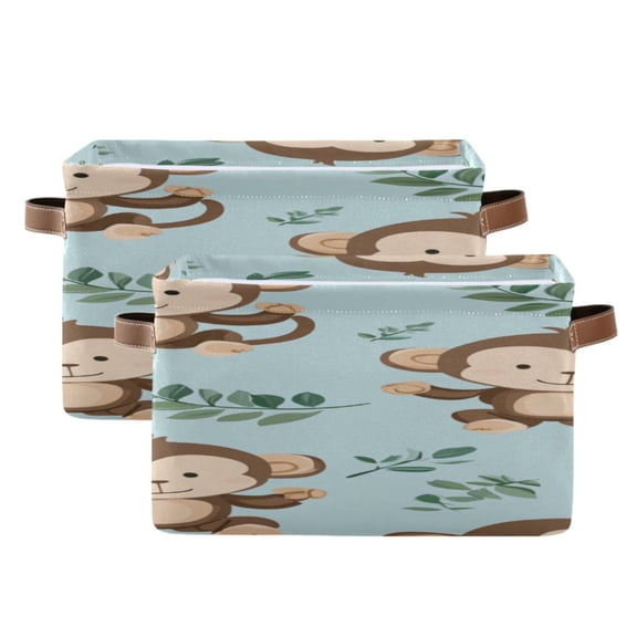Cute Monkeys Cartoon Leaves Square Storage Bins with Handles Collapsible Containing Box 2 Packs