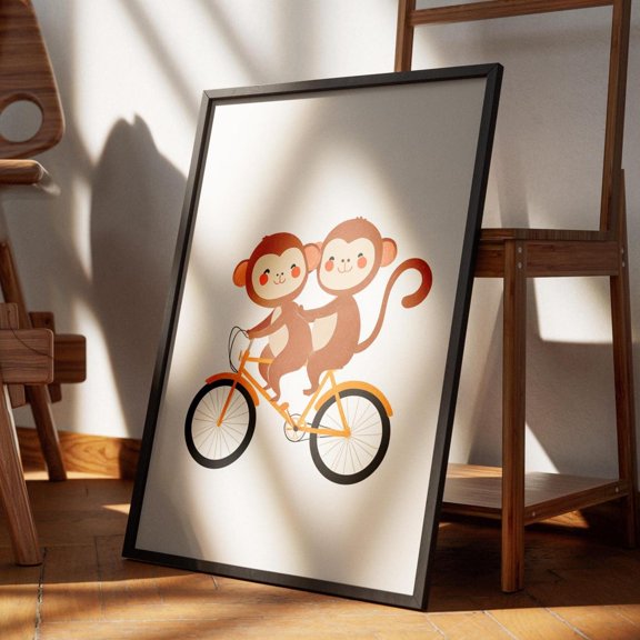 Cute Monkeys On Bicycle , Animal Print, Jungle Nursery Wall Art, Trendy Wall Art For Bathroom, Animal Print Home Decor #2543, 8x12 UNFRAMED