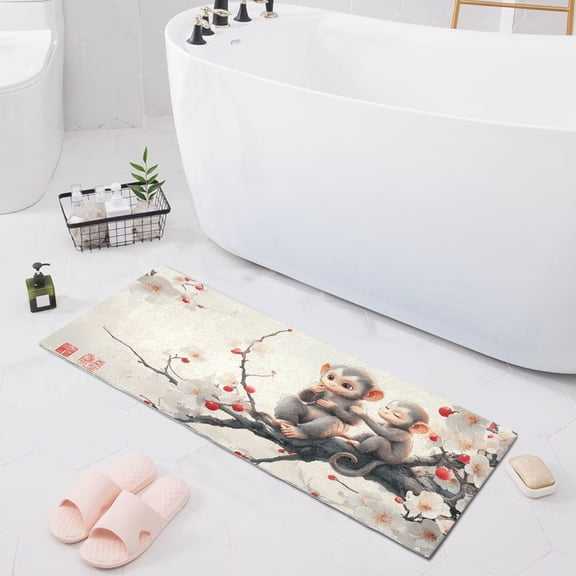Cute Monkeys on Flower Branch Bath Mat 39x20 Non-Slip Bathroom Rugs Absorbent Soft Plush Quick Dry for Tub Shower Kitchen Home Decor