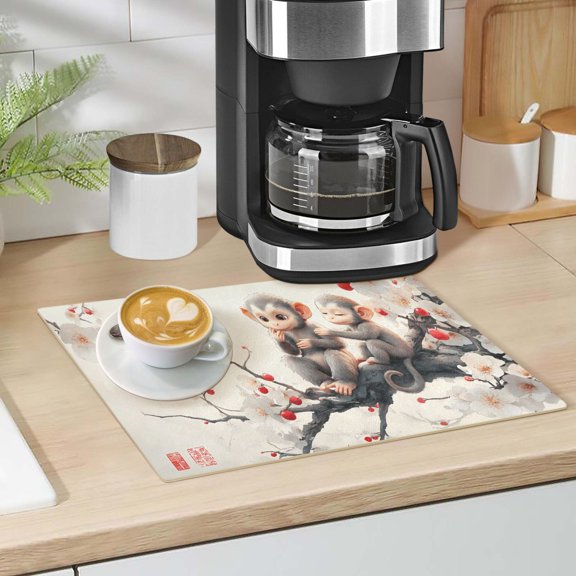 Cute Monkeys on Flower Branch Dish Drying Mat 12"x18" Kitchen Counter Dish Pad Microfiber Absorbent Drainer Rack for Coffee Bar