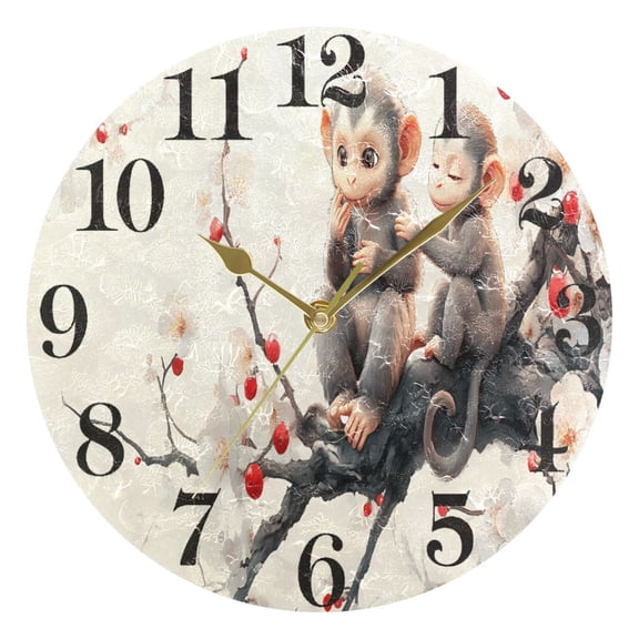 Cute Monkeys on Flower Branch Round Wall Clock Battery Operated Silent Non-Ticking Bedroom Office Kitchen Home School Decor 10"(Gold)