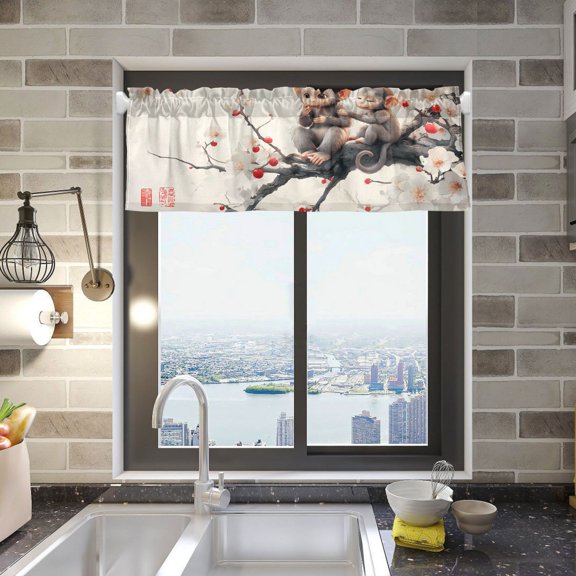 Cute Monkeys on Flower Branch Valance Curtains Rod Pocket for Kitchen Living Room Windows Farmhouse Decor 54x18
