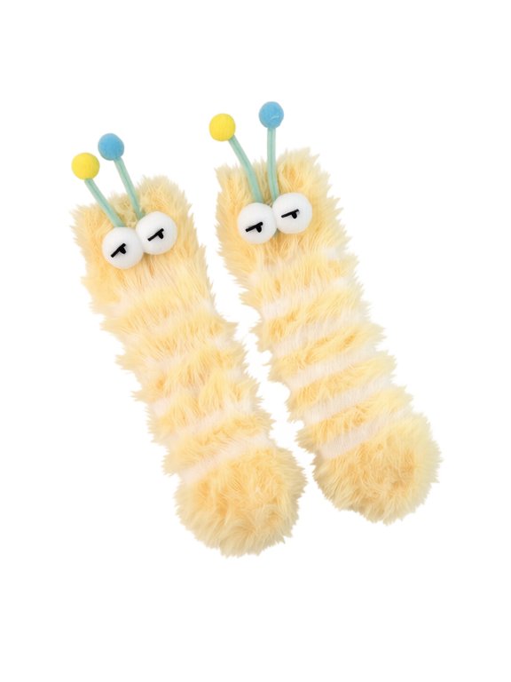 Cute Monster Crew Socks, Thick Striped Shaggy Coral Fleece Mid-Calf Footwear, Playful Pom-pom Antenna and Funny Eye Ornament for Indoor Floor Use
