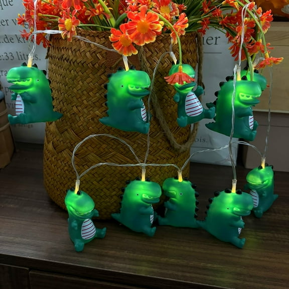 Cute Monster Dinosaur LED String Lights Battery Powered Green Dinosaur Night Lights Rubber Dino-Themed Lamp Squeezable & Sound-Enabled