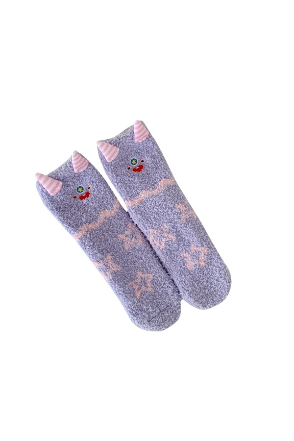 Cute Monster Fuzzy Socks with 3D Horns, Ultra Soft Plush Unisex Lounge Socks for Women & Men, Purple Gift Socks,Size Free Size