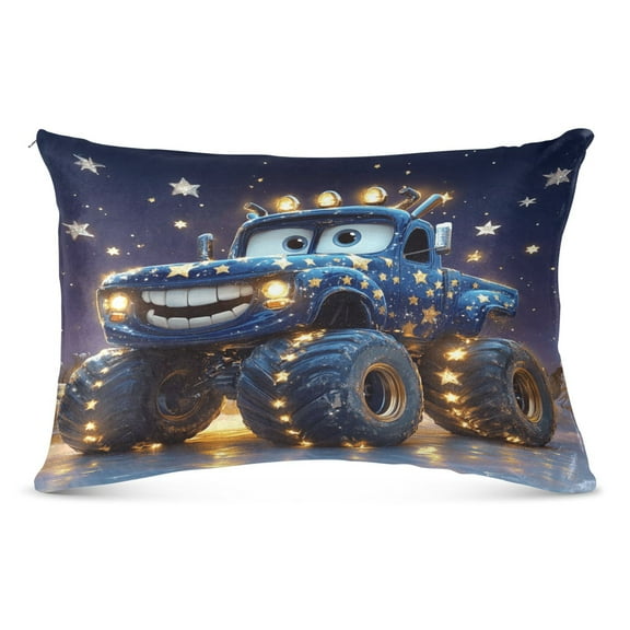 Cute Monster Truck with Star Plush Pillow Cases Queen Size Ultra Soft Warm Pillowcases with Zipper 20"x30"