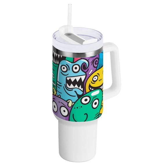 Cute Monsters 40 oz Tumbler with Handle InsulatedTravel MugLid Straw Leak Proof Steel Vacuum Water Bottles Glasses Fits in Car Cup Holder