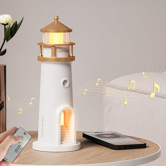 Cute Moon Projection Lighthouse Night Light with Bluetooth Speaker, 3-Level Dimmable Wireless Table Lamp, Rechargeable LED Bedside Lamp for Room Decor, Unique Gift