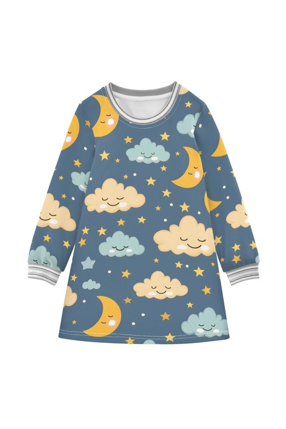 Cute Moon and Cloud Girls'long-sleeved dress Thickened A-dress Warm Dress Basic Shirt Party Dresses