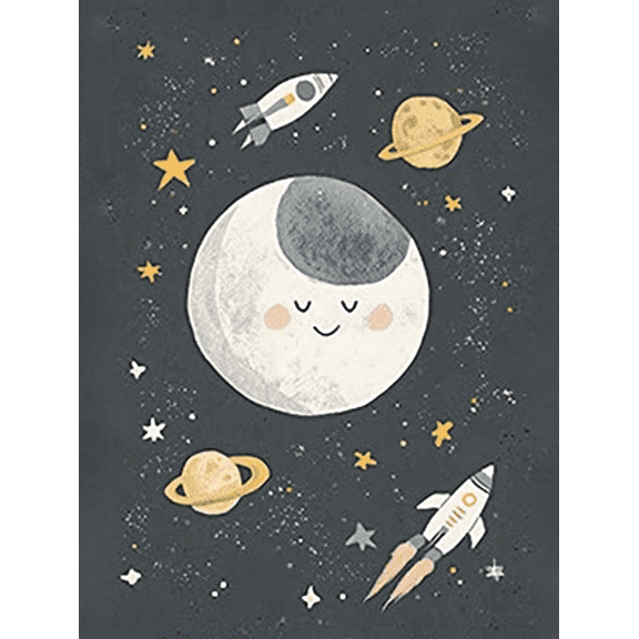 Cute Moon and Rockets Space Canvas Art PrintSuitable for Living RoomBedroomNurseryKids RoomOffice Decoration