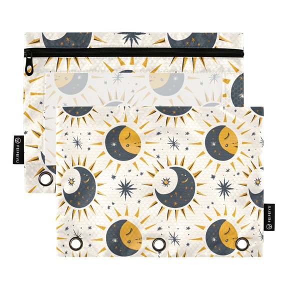 Cute Moon and Stars 2 Pack Pencil Pouch for 3 Ring Binder Smooth Zipper Folders with Pockets Clear Window Pencil Case