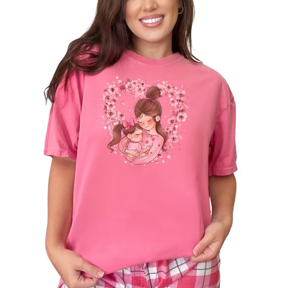Cute Mother Daughter Heart Floral Art T-Shirt, Adorable Mom and Daughter Graphic Tee, Perfect Gift for Mother's Day, Matching Shirt, Crunchberry Comfort Colors T-Shirt, XL