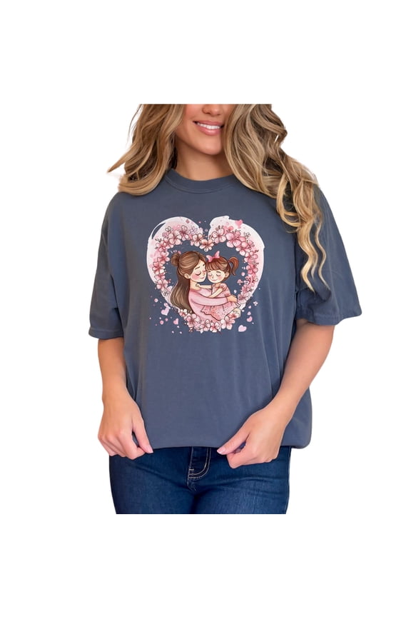 Cute Mother Daughter Heart Floral Artwork TShirt, Perfect Gift for Mom and Daughter, Adorable Family Matching Outfits, Denim Comfort Colors T-Shirt, Small