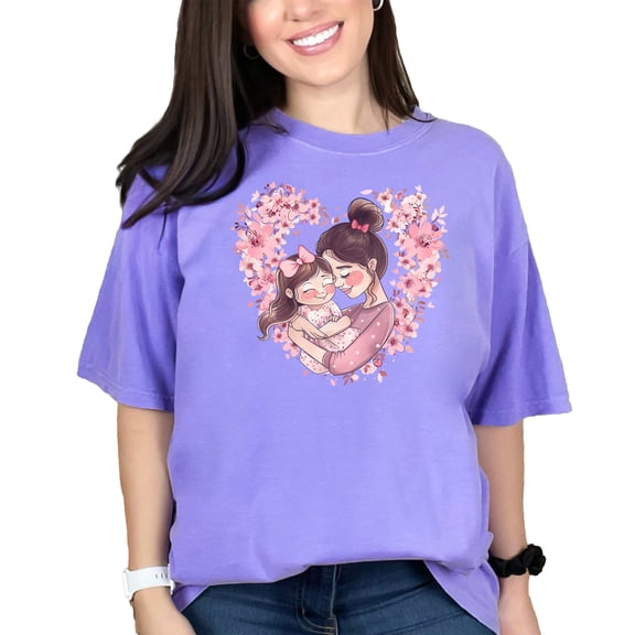 Cute Mother Daughter Hug T Shirt, Heart Shaped Floral Design Tee, Matching Family Shirts, Perfect Gift for Moms, Adorable Graphic Tee, Violet Comfort Colors T-Shirt, 3XL