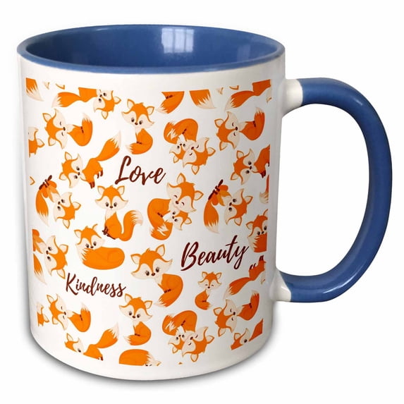 3drose, Cute Mother Fox and a Kid Pattern. Text Love, Beauty, Kindness, 15oz Two-tone Blue Mug