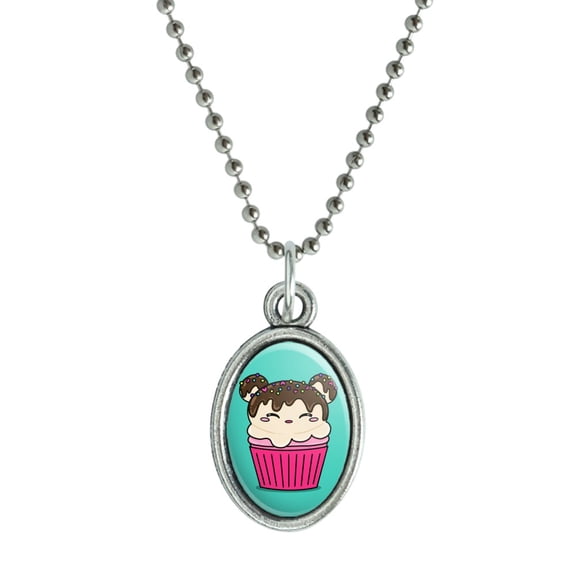 Cute Mouse Bear Ice Cream Cupcake with Sprinkles Antiqued Oval Charm Pendant with Chain