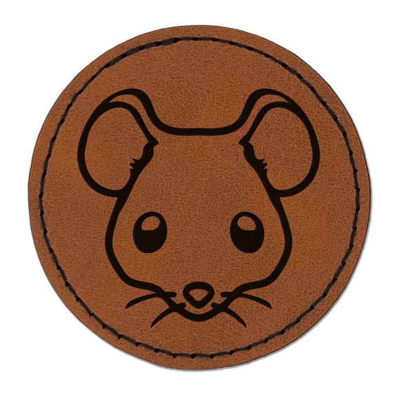 Cute Mouse Face 2.5" Faux Leather Round Engraved Iron-On Patch - Brown