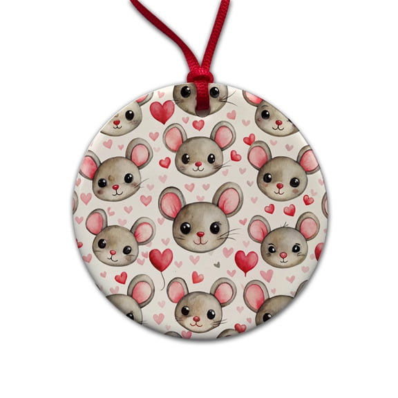 Cute Mouse Faces Hearts Watercolor Christmas Tree Holiday Round Ceramic Ornament