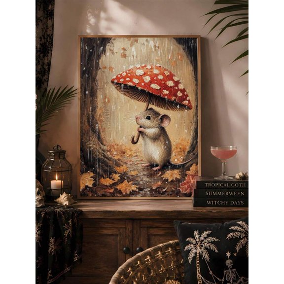 Cute Mouse Holding Mushroom Umbrella Canvas Wall Art, Vintage Forest Rainy Scene Animal Painting Poster Print, Whimsical Woodland Wall Decor