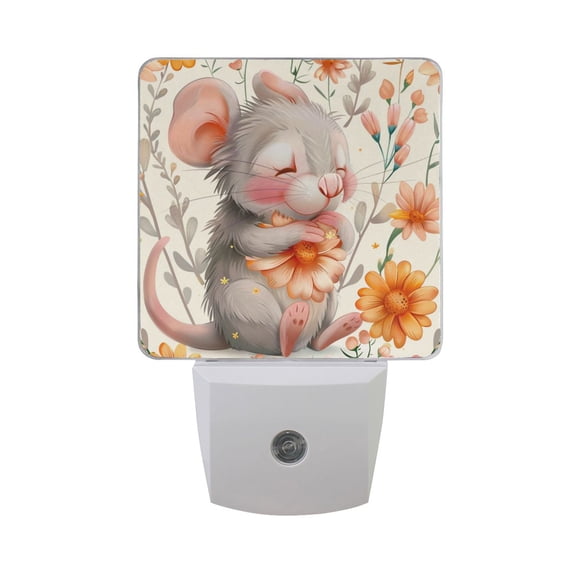 Cute Mouse Hug The Flowers LED Night Light with Smart Sensor Plug Into Wall Dusk to Dawn 2 packs