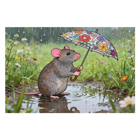 500 Piece Cute Mouse Colorful Flowers Painting Puzzle for Adults, 20.5x15 in – HD Lovely Animal Photo, Rain Puzzle Wall Art Decor