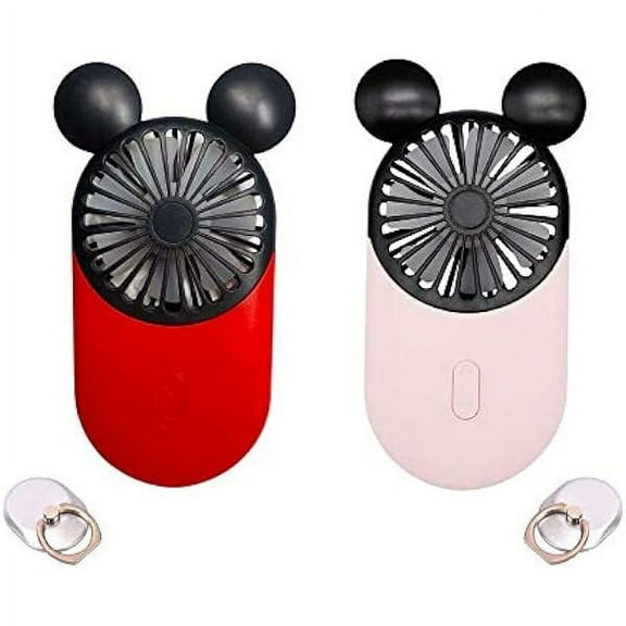 Cute Mouse Mini Fan, Handheld & Portable USB Rechargeable Fan with Beautiful LED Light, 3 Adjustable Speeds, 2 Pack (Red+Pink)