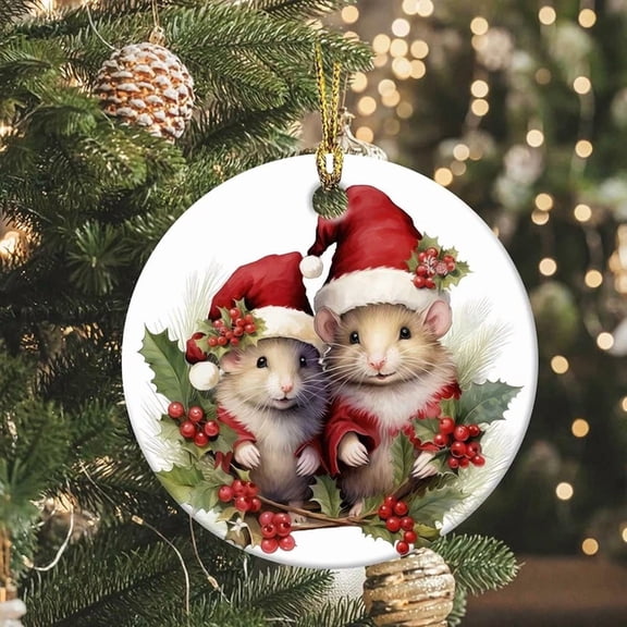 Cute Mouse Ornament Round Ceramic Christmas Merry Christmas 2D FLAT CIRCLE Ceramic Ornament