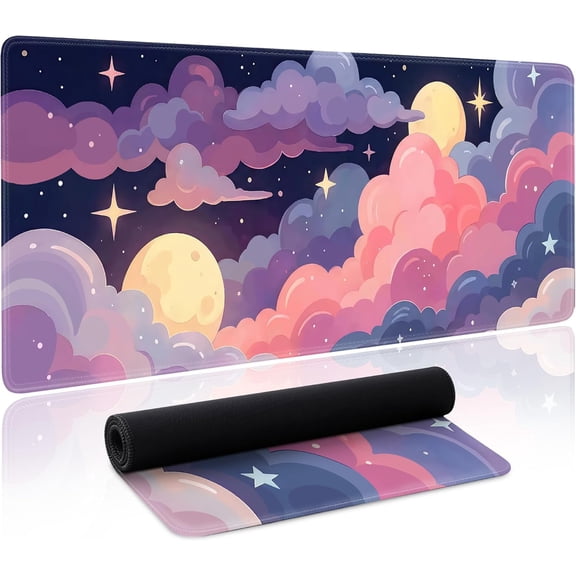 Cute Mouse Pad Kawaii Large Desk Mat Extended Keyboard Mouse Pad Pink Purple Cloud Mousepad with Non-Slip Base and Stitched Edge Gaming Mouse Mat Desk Pad 31.5 x 11.8 Mouse Pads for Desk Home Office