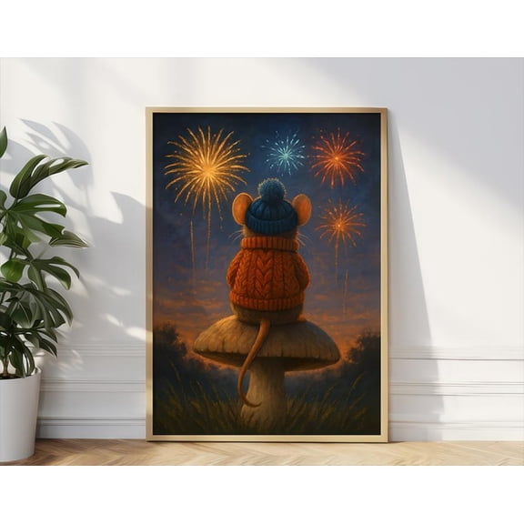 Cute Mouse Poster, Cottagecore Mouse Art, Fireworks Poster, Unframed Poster Size 16x24