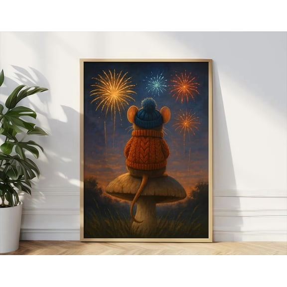 Cute Mouse Poster, Cottagecore Mouse Art, Fireworks Print Poster Decor For Living Room Bedroom, Unframed Poster Size 12x18