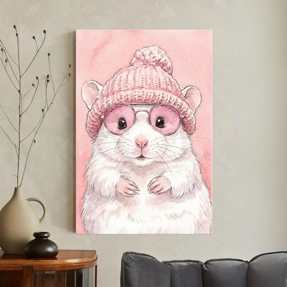 Cute Mouse Print Hamster with Sunglasses Wall Art Pink Nursery Decor Whimsical Animal Room Unframed Paper Print