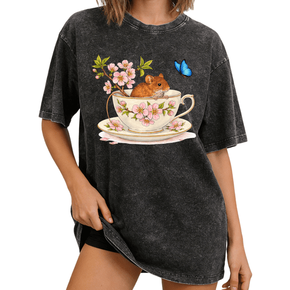 Cute Mouse Shirt Washed Print Tshirt Graphic Tees Shirts Black Washed Women Floral Teacup Cottagecore Vintage Aesthetic Casual Soft Tee Size S-2XL Tops