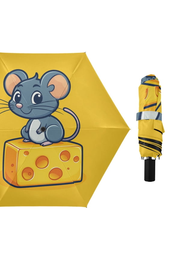 Cute Mouse on Cheese All Weather Umbrella Triple Folding Parasol 6 Ribs UV Protection Portable