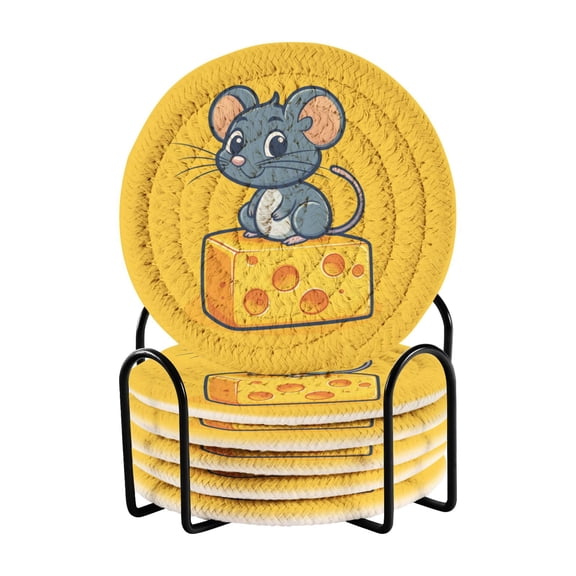 Cute Mouse on Cheese Drinking Coasters Cup Mat with Holder for Kitchen Cafe Bar 6 Packs