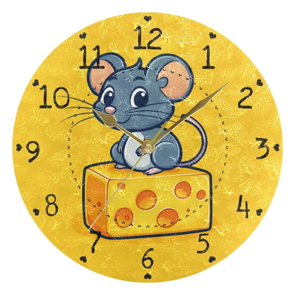 Cute Mouse on Cheese Round Wall Clock Silent Analog Battery Operated Gold Pointer Home Decor 9.84" Diameter