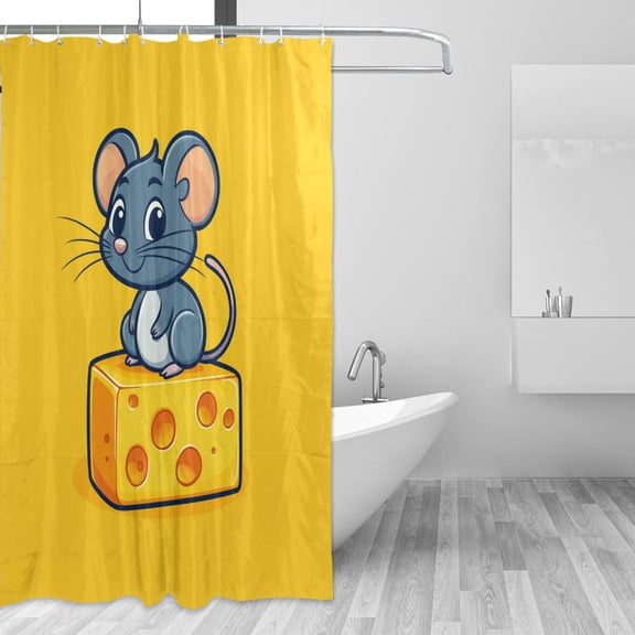 Cute Mouse on Cheese Shower Curtains with 12 Hooks Waterproof Bathroom Decor 66" x 72"