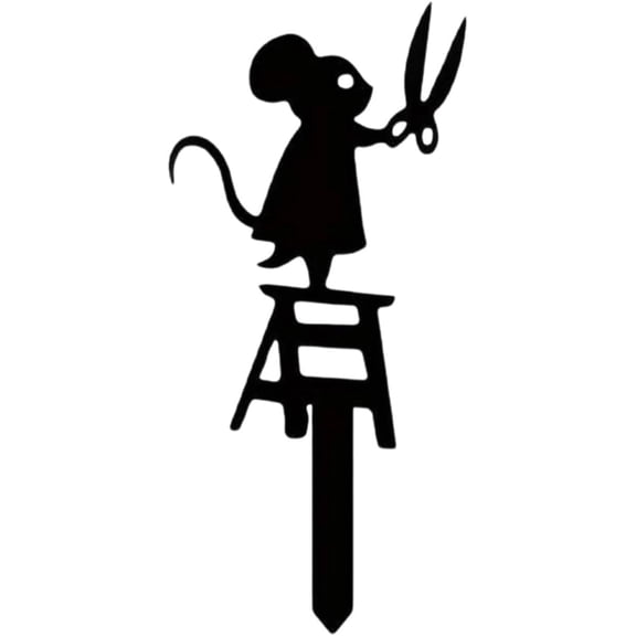 Cute Mouse with Scissors Metal Garden Stake, Black 5.91x2.76 Inches Outdoor Yard Art Decor for Lawn Patio and Flower Bed