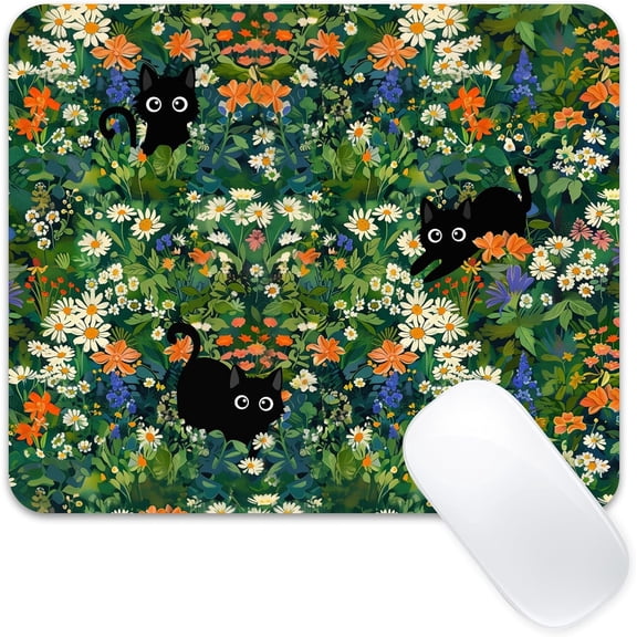 Cute Mousepad for Computer Black Cat Kawaii Cool Mousepad Aesthetic Flower Girly Women Design Kids Girls Teen Pretty Modern Colorful Decorative Animal Art Small Office MouseMat for Laptop
