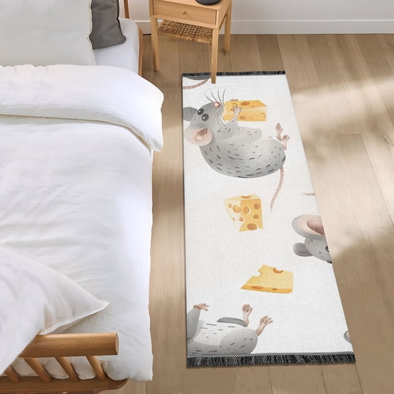Cute Mouses with Cheese Bedside Runner Rug 2'x 6' Non Slip Carpet Floor Mat Area Rug