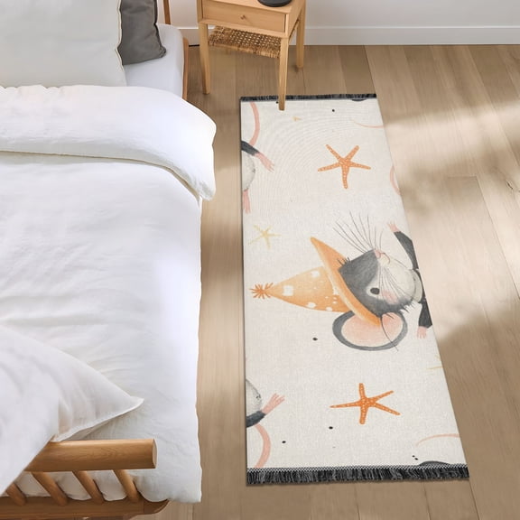 Cute Mouses with Hat Starfishes Bedside Runner Rug 2'x 6' Non Slip Carpet Floor Mat Area Rug