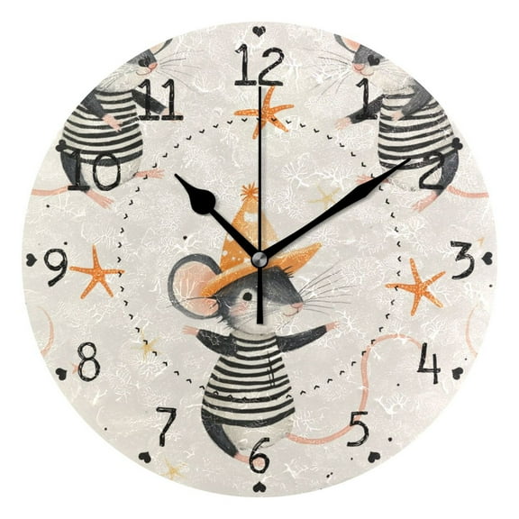 Cute Mouses with Hat Starfishes Round Wall Clock Silent Analog Battery Operated Black Pointer Home Decor 9.84" Diameter