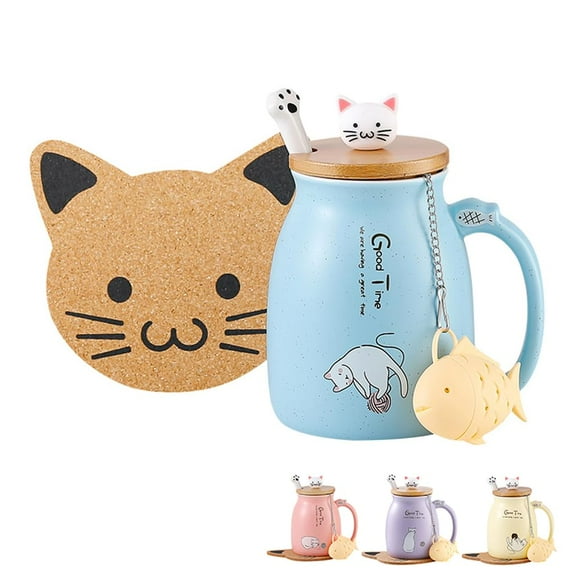 Cute Mugs Kawaii Cat Mug Ceramic Coffee Mug Tea Cup with Infuser and Lid Spoon Tea Mug Cute Cool Preppy Stuff Gifts for Women (Blue 13oz)