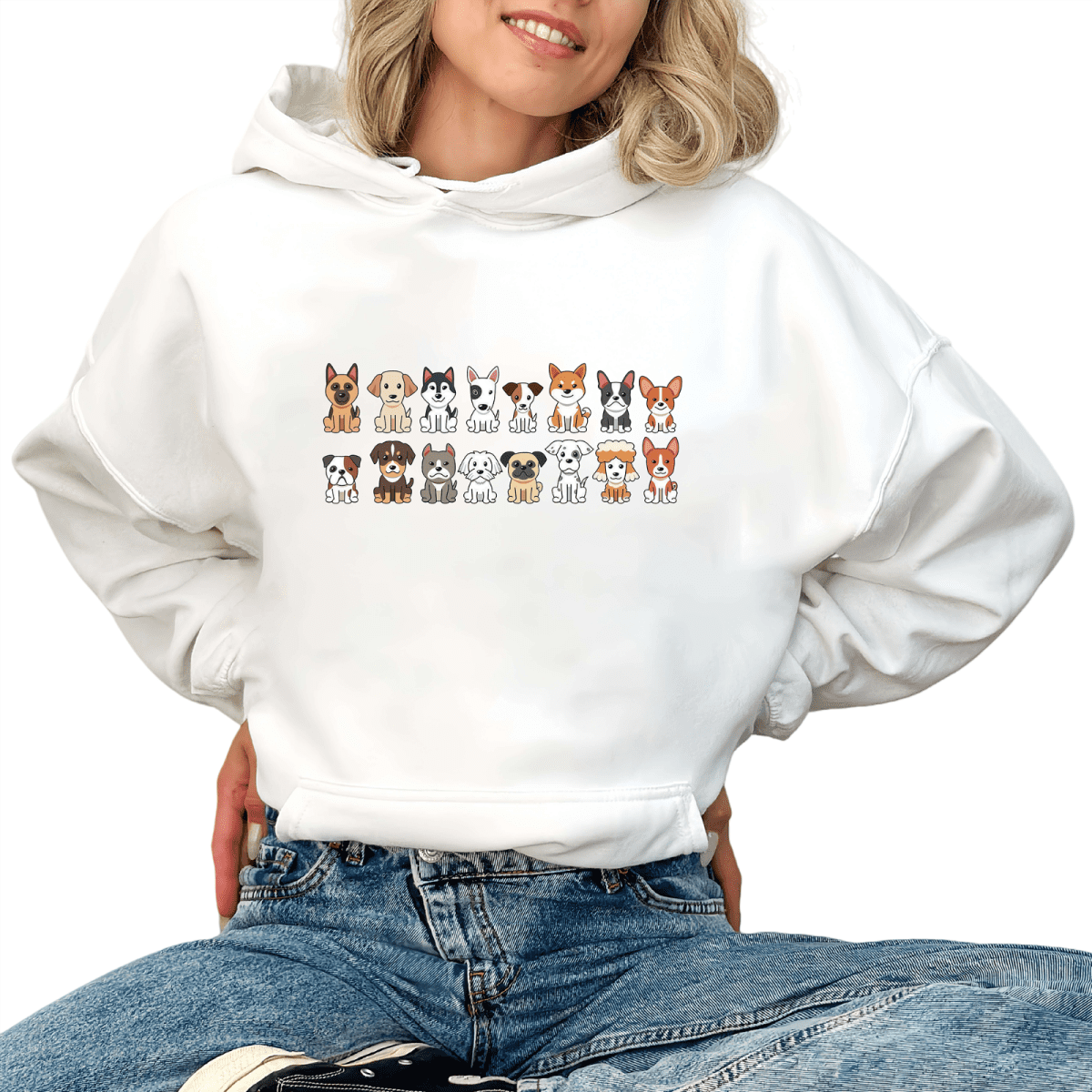 Cute Multi-Breed Puppy Collection Graphic Sweatshirt Print Hoodie White ...