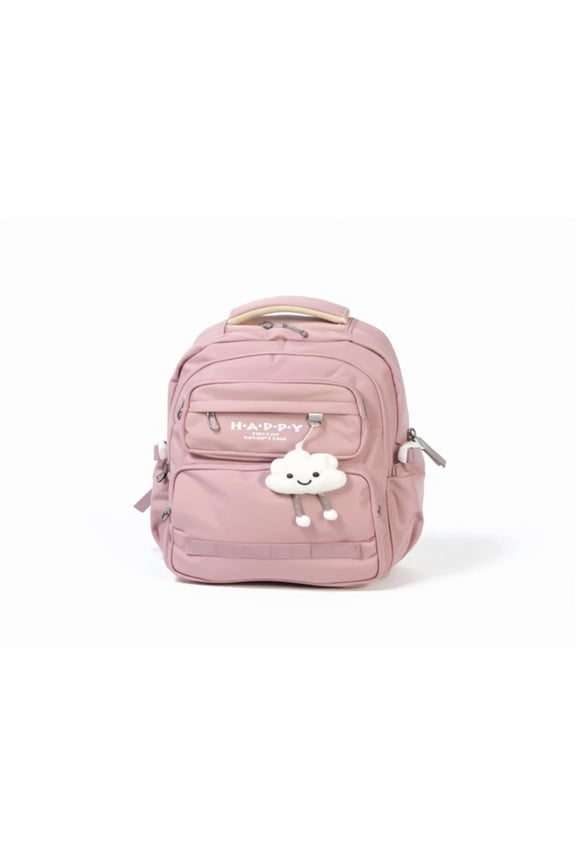 Cute Multi-Pocket Backpack with Cloud Plush Keychain – Pink, Beige – Stylish School & Travel Bag