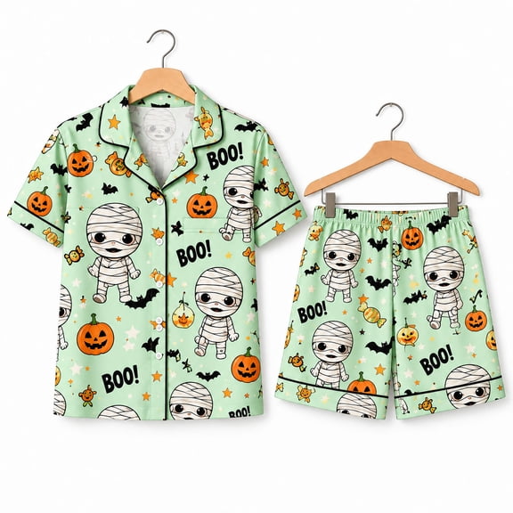 Cute Mummy Halloween Pajama Set, Pumpkin Boo Short Sleeve Set