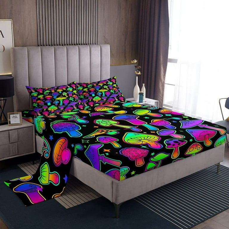 Cute Mushroom Bed Sheets Queen Purple Teal Mushrooms Sheet Set for Kids Girls Teens Women Trippy Botanical Bedding Set Colorful Wild Plants Stars