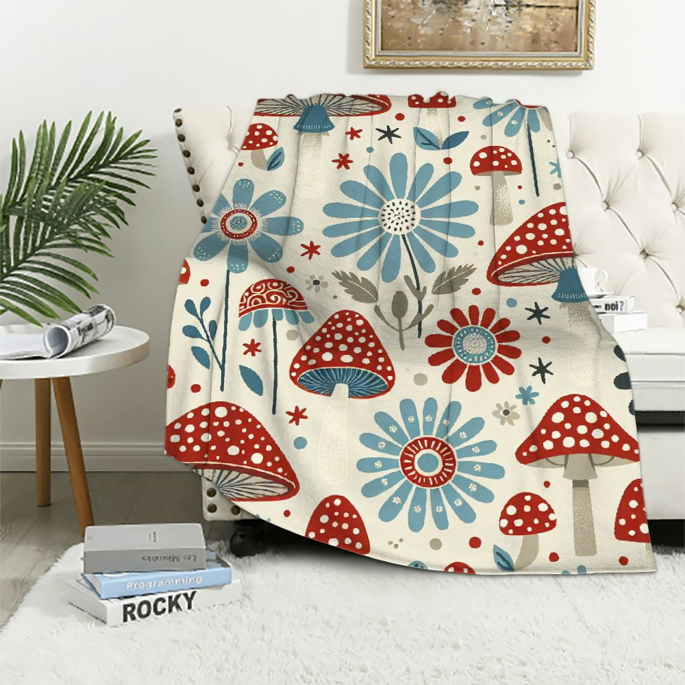 Lingy Cute Mushroom Blanket Retro Floral Soft Warm Throw Blankets