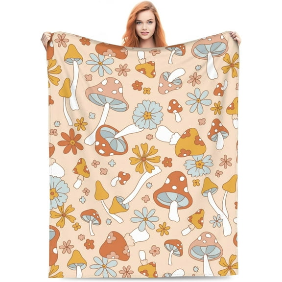 Cute Mushroom Blanket Retro Floral Soft Warm Throw Blankets Lightweight Cozy 70s Shrooms Funky Groovy Aesthetics Boho Flowers for Kids & Women for Living Room Bed Couch Decor 40x50in