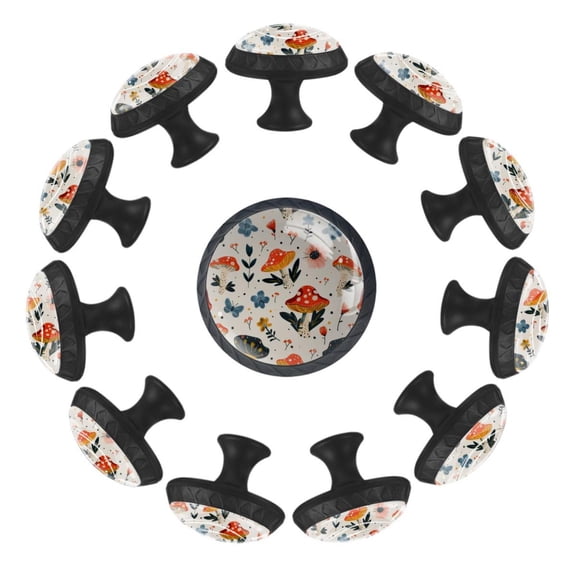Cute Mushroom Butterflies Flowers Pattern 35MM Round Glass Cabinet Knobs, Kitchen Knobs for Drawer Dresser Cupboard Wardrobe Modern Pulls Handles Hardware, Set of 12